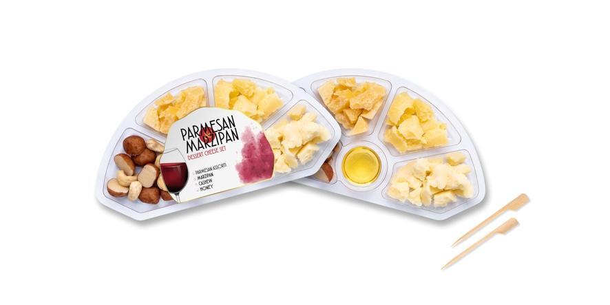 Десертный сырный сет (пармезан ассорти, мед, марципан, кешью), ParmesanMarzipan, 140 гр., пластиковая тарелка