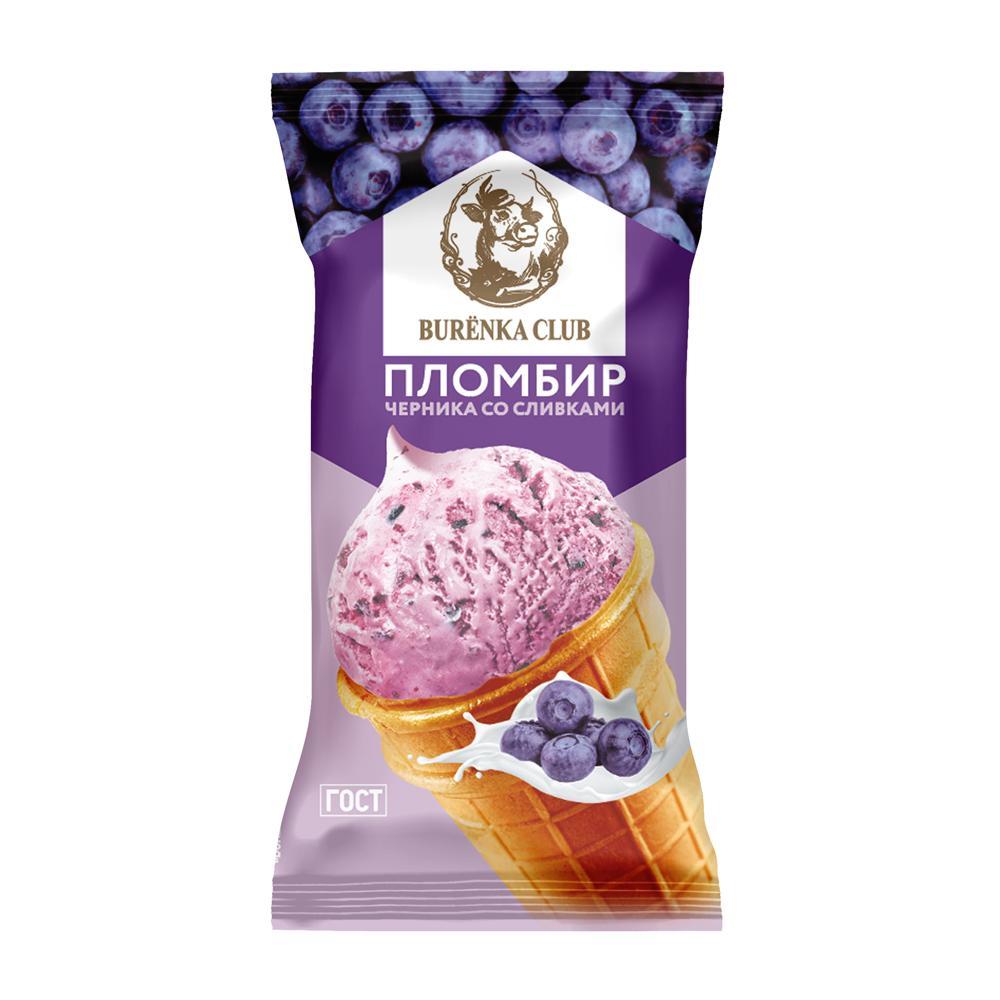 Мороженое пломбир BURËNKA CLUB черника со сливками в вафельном стакане 80 гр., флоу-пак