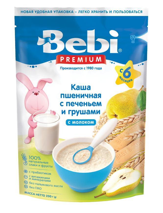 Каша Bebi Premium молочная Пшеничная с печеньем и грушами с 6 мес. , 200 гр., картон