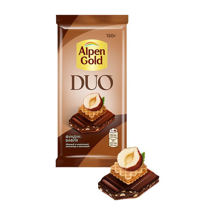 Шоколад Alpen Gold Duo темный и молочный фундук-вафля 130 гр., флоу-пак