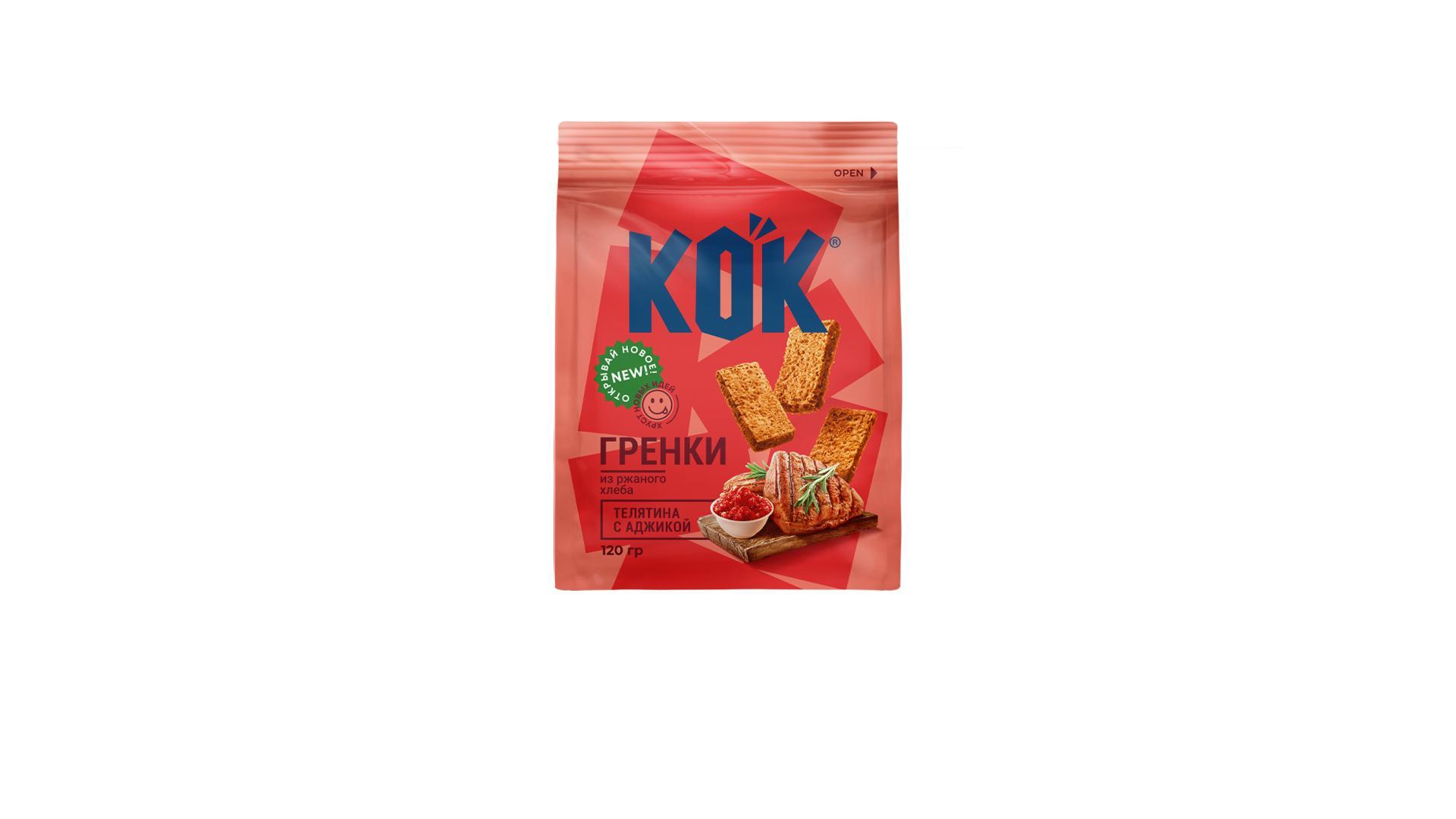 Гренки Kok из ржаного хлеба со вкусом телятины с аджикой 120 гр., флоу-пак