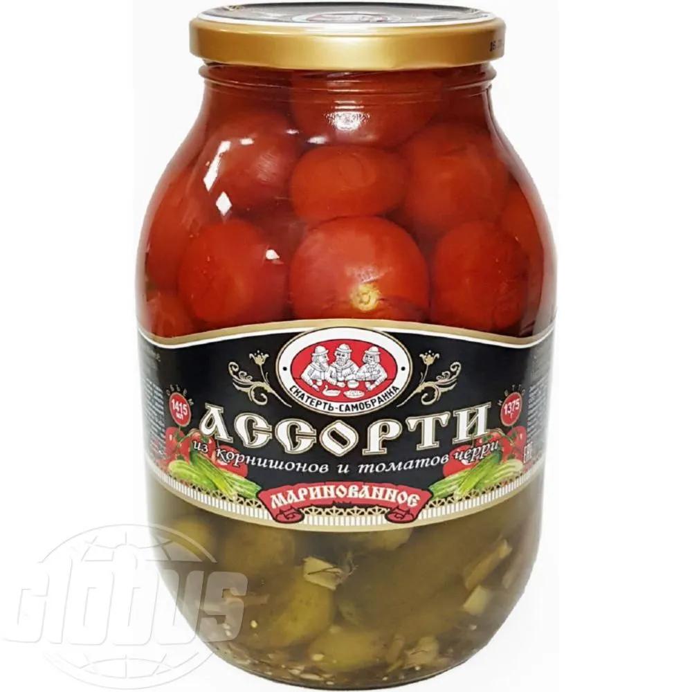 Ассорти маринованное Скатерть-Самобранка огурцы и томаты, 1415 мл., стекло