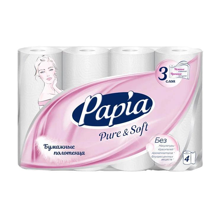 Полотенца бумажные Papia Pure&Soft белые 3 слоя 4 шт., флоу-пак