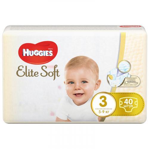 Подгузники 3размер, 5-9кг, 40шт., Huggies Elite Soft, пакет