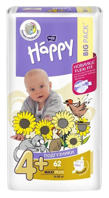 Подгузники 4+ макси плюс (9-20 кг.) 62 шт., Bella Baby Happy