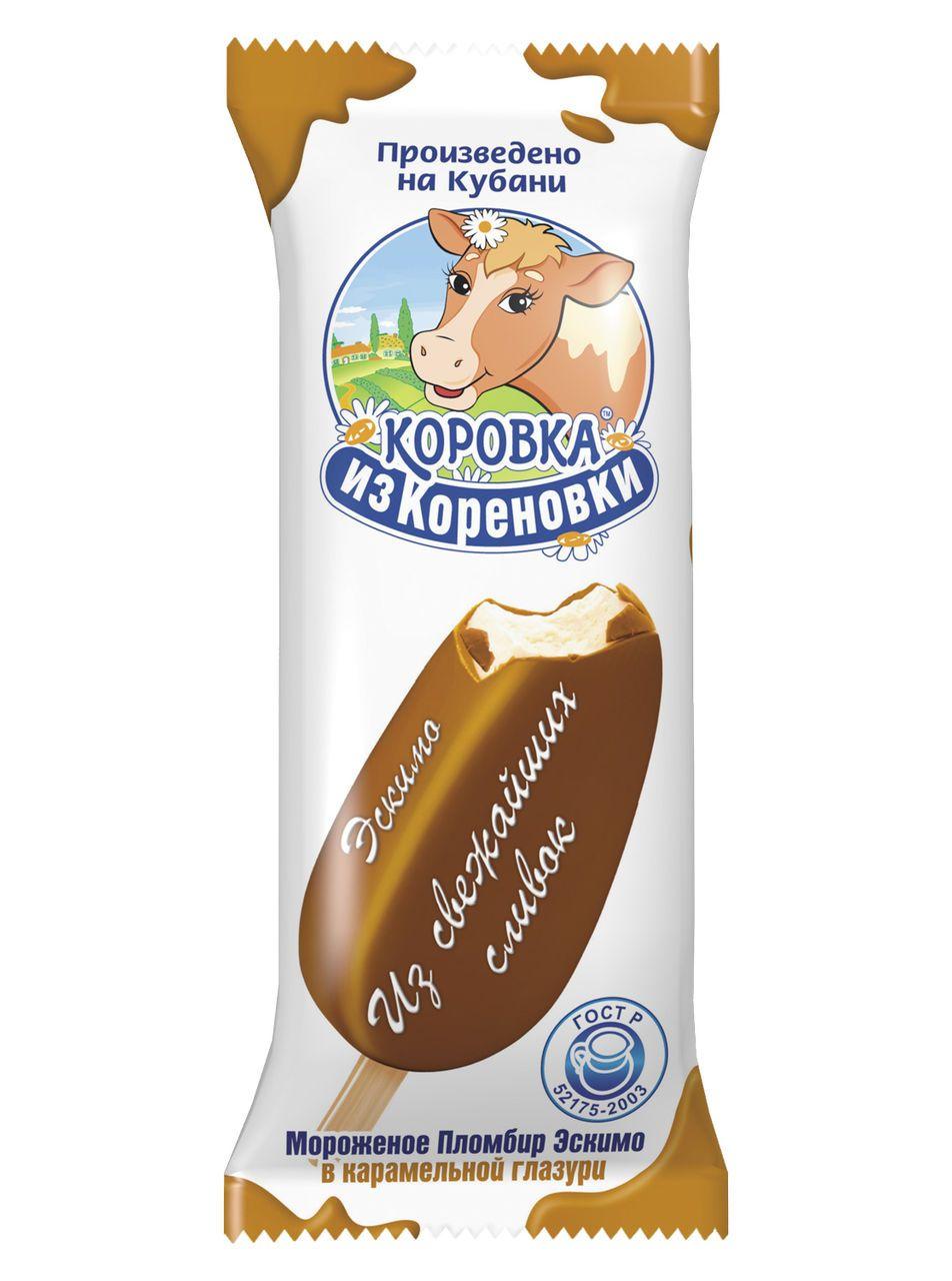 Мороженое эскимо Коровка из Кореновки ванильный в карамельной глазури 15% 70 гр., флоу-пак
