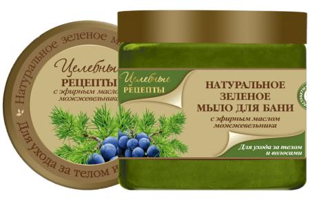 Мыло для бани с эфирным маслом можжевельника, Целебные рецепты Зеленое, 500 мл., пластиковая банка