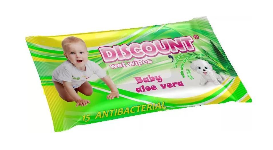 Влажные салфетки Discount детские с экстрактом алоэ 15 шт., флоу-пак