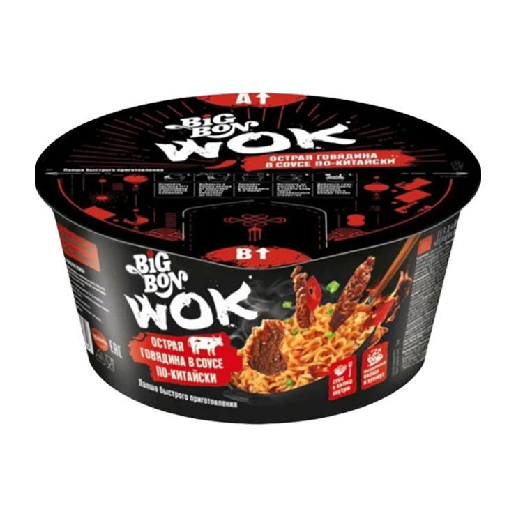 Лапша быстрого приготовления Big Bon WOK острая говядина в соусе по китайски 85 гр., стакан