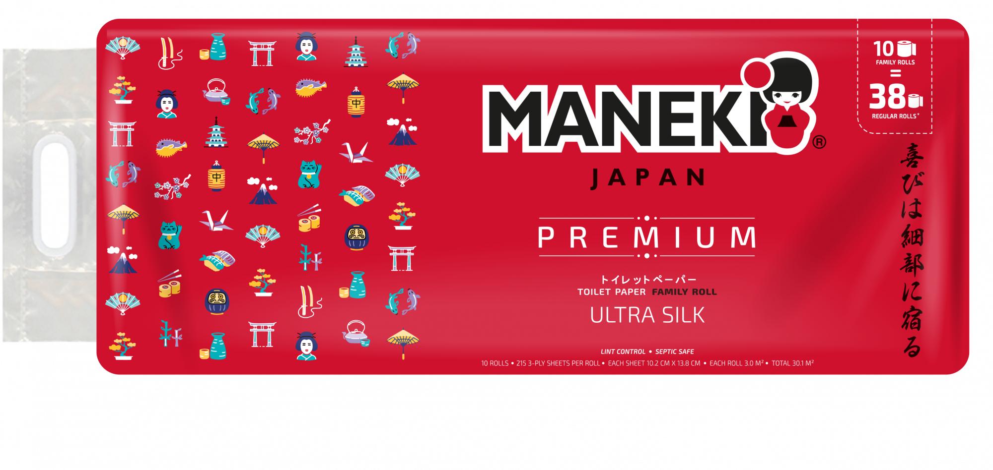 Туалетная бумага 3 слоя, 214 л., 30 м., гладкая без аромата, красная 10 рул., Maneki Red, пакет