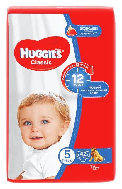 Подгузники 11-25 кг., 42 штуки Huggies Классик Джамбо 5 L, пакет