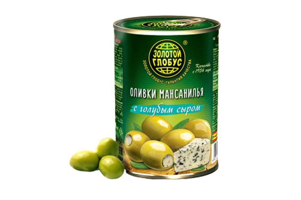 Оливки с голубым сыром Золотой Глобус, 300 гр., жестяная банка