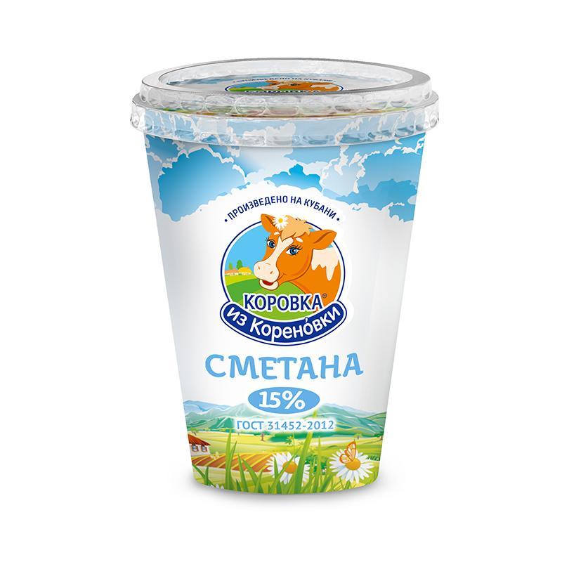Сметана 15%, Коровка из Кореновки, 300 гр., пластиковый стакан