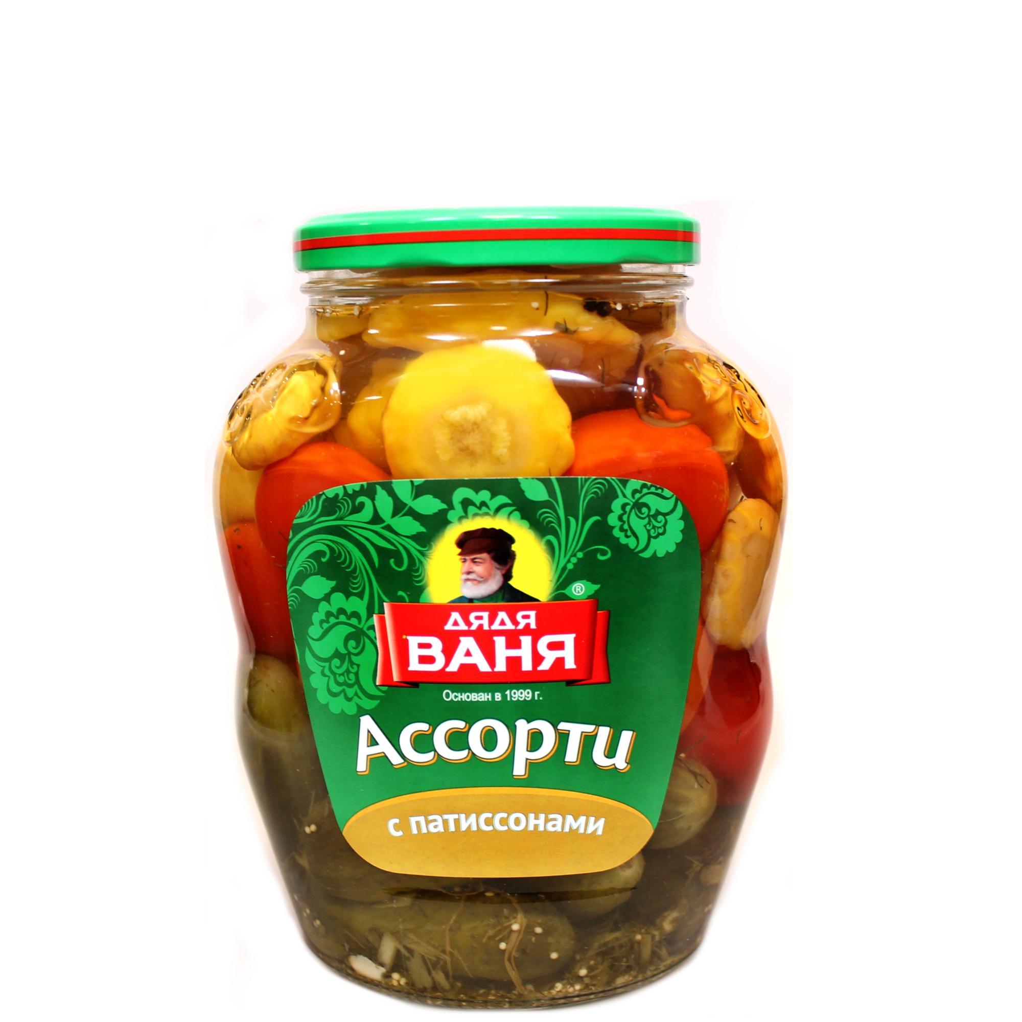 Ассорти Дядя Ваня овощное Огурцы томаты патиссоны, 1,8 кг., стекло