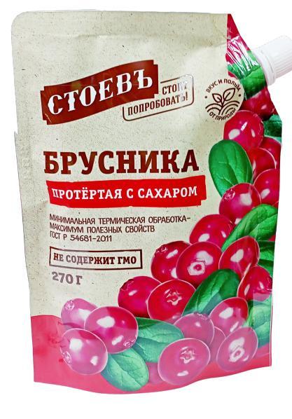 Брусника Стоевъ протертая с сахаром 270 гр., дой-пак