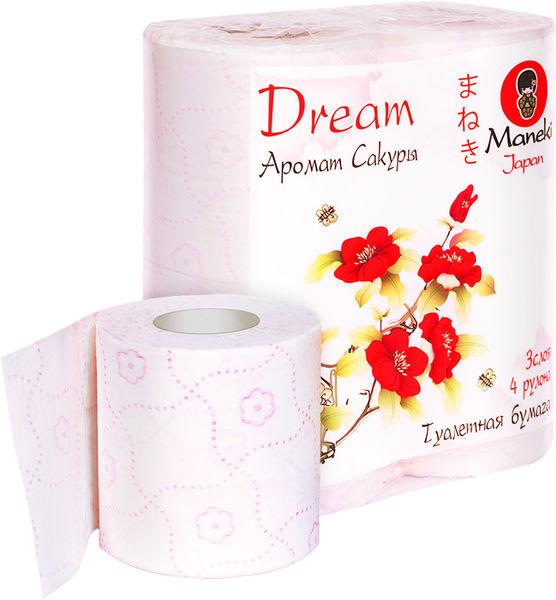 Туалетная бумага 3 слоя, с ароматом сакуры, 4 рулона, Maneki Dream, флоу-пак