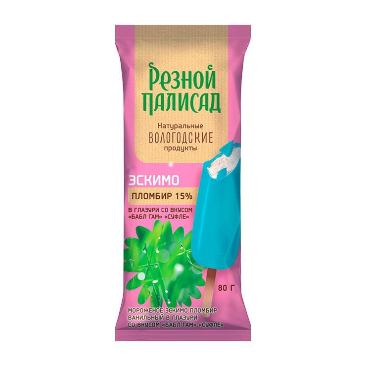 Мороженое эскимо Резной Палисад ванильный 15% суфле в глазури со вкусом бабл гам 60 гр., флоу-пак