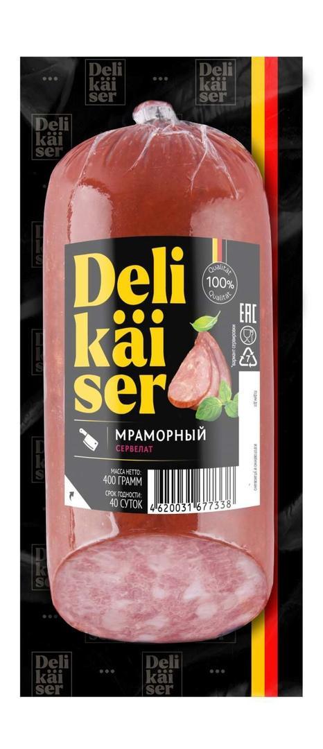 Колбаса варено-копченая Delikaiser Сервелат Мраморный 400 гр., вакуум
