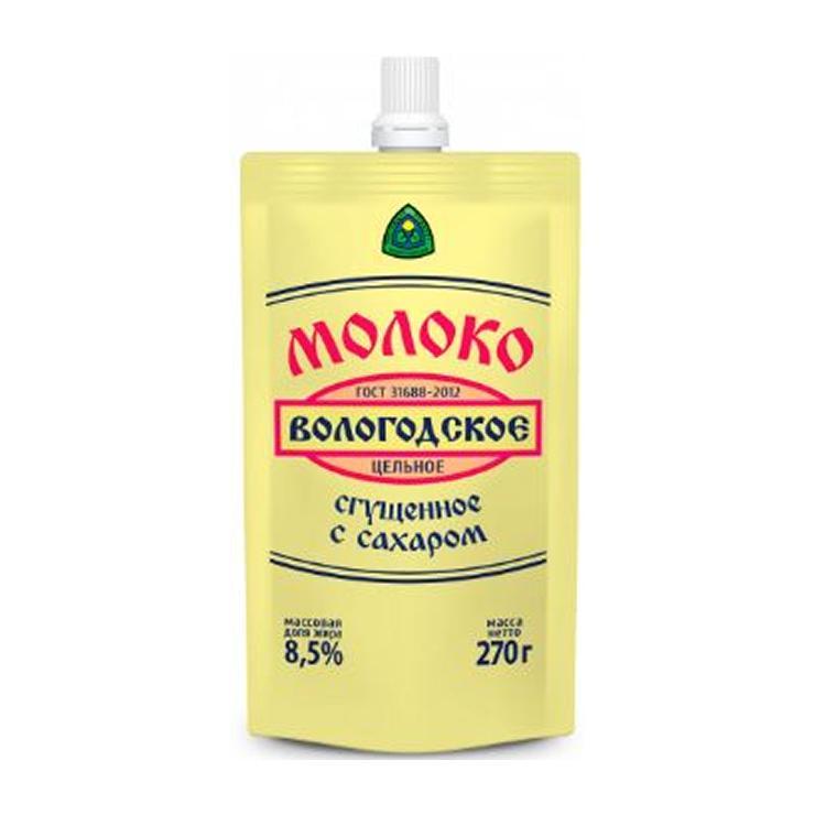 Молоко сгущенное Вологодское цельное с сахаром 8,5% 270 гр., дой-пак с дозатором
