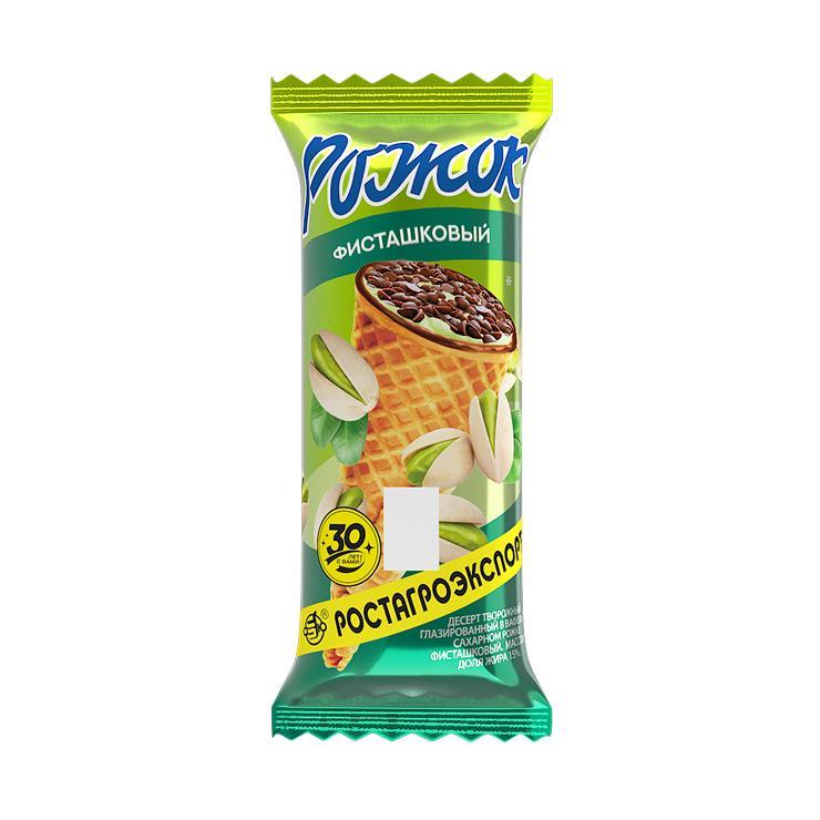 Рожок творожный Ростагроэкспорт глазированный фисташка15% 60 гр., флоу-пак