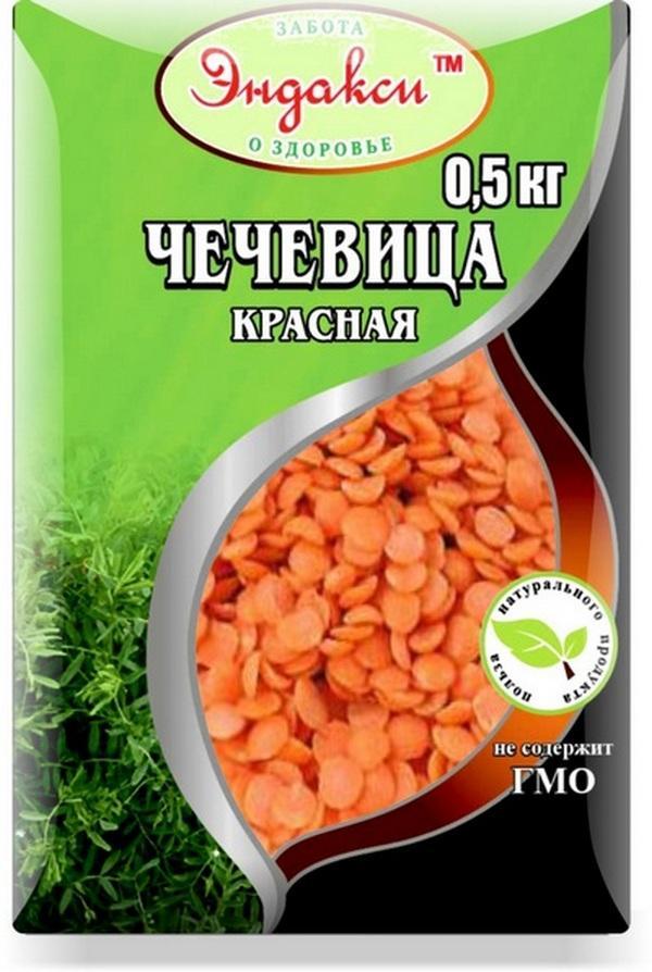 Чечевица красная полированная целая, Эндакси, 500 гр., флоу-пак