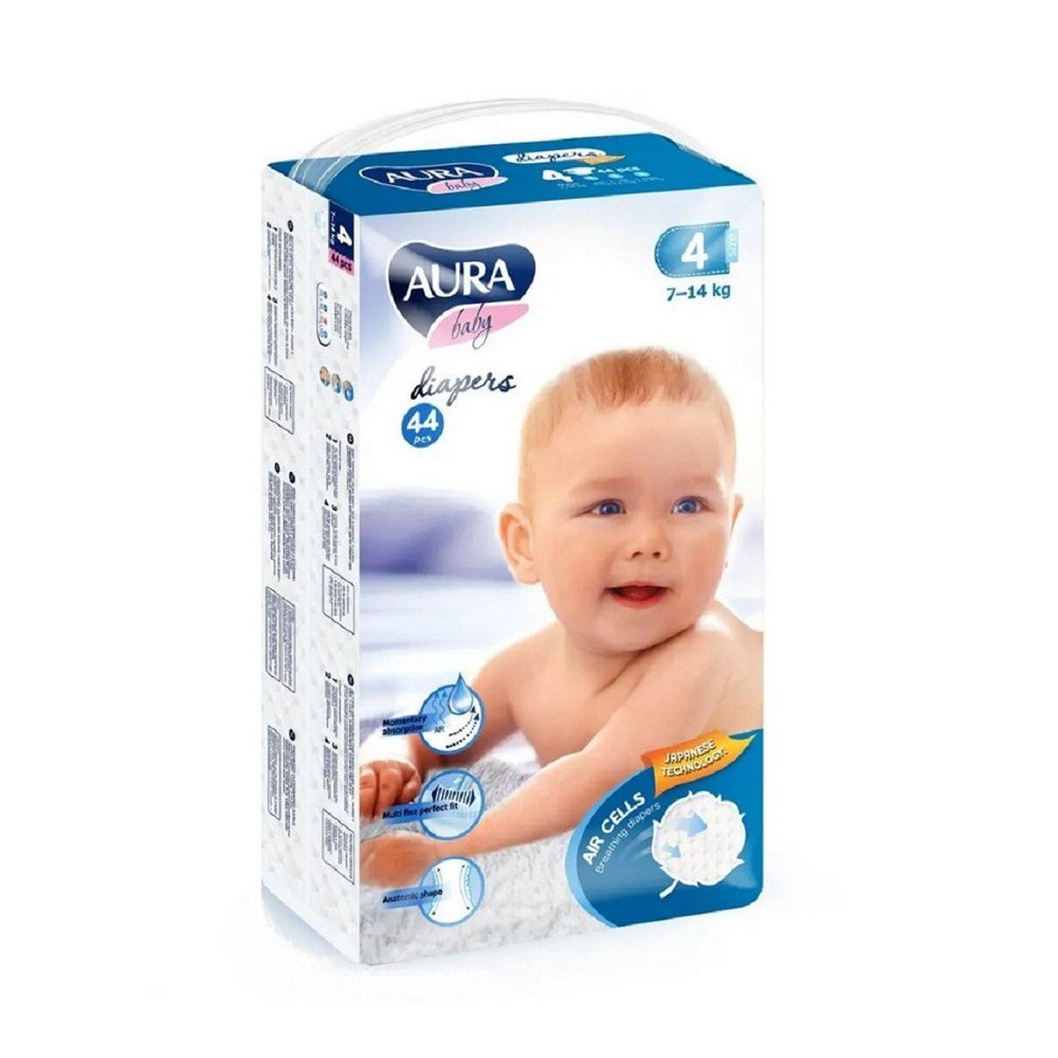 Подгузники Aura, для детей Baby одноразовые, jambo-pack, 4/L (7-14 кг.,) 44 шт., 1,47 кг., картон