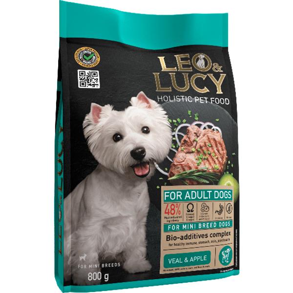Корм LEO&LUCY холистик сухой корм для собак мелких пород с телятиной, яблоком и биодобавками, 800 гр., флоу-пак