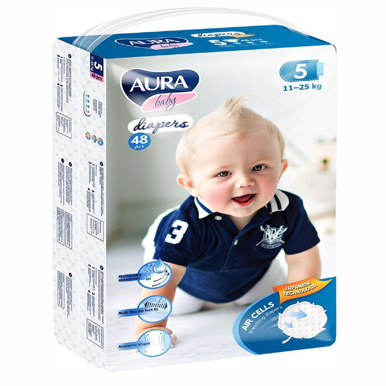 Подгузники Aura, для детей Baby одноразовые, jambo-pack, 5/XL 11-25 кг, 48 шт., 1,49 кг., картон