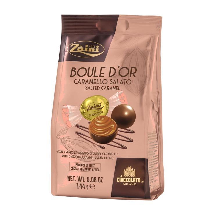 Конфеты ZAINI BOULE D'OR CARAMELLO пралине из молочного шоколада с нежной кремовой начинкой соленая карамель 125 гр., флоу-пак