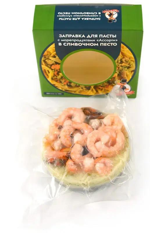 Заправка для пасты Don Kreveton с морепродуктами Ассорти в сливочном песто с/м 200 гр., картон
