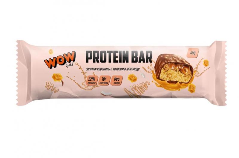 Батончик протеиновый WOWbar соленая карамель с кокосом в шоколаде, 45 гр., флоу-пак