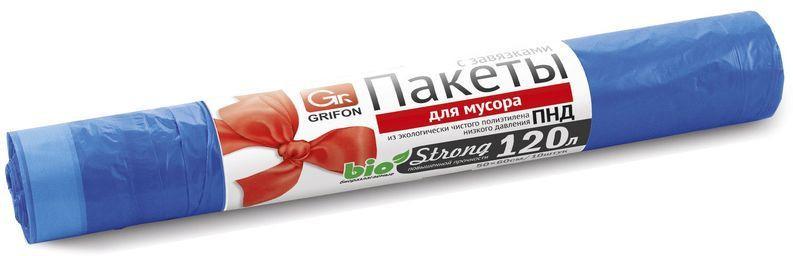 Пакеты для мусора с завязками особо прочные 120 л., 70×110 см., 10 штук, Grifon, 293 гр., бумажная упаковка