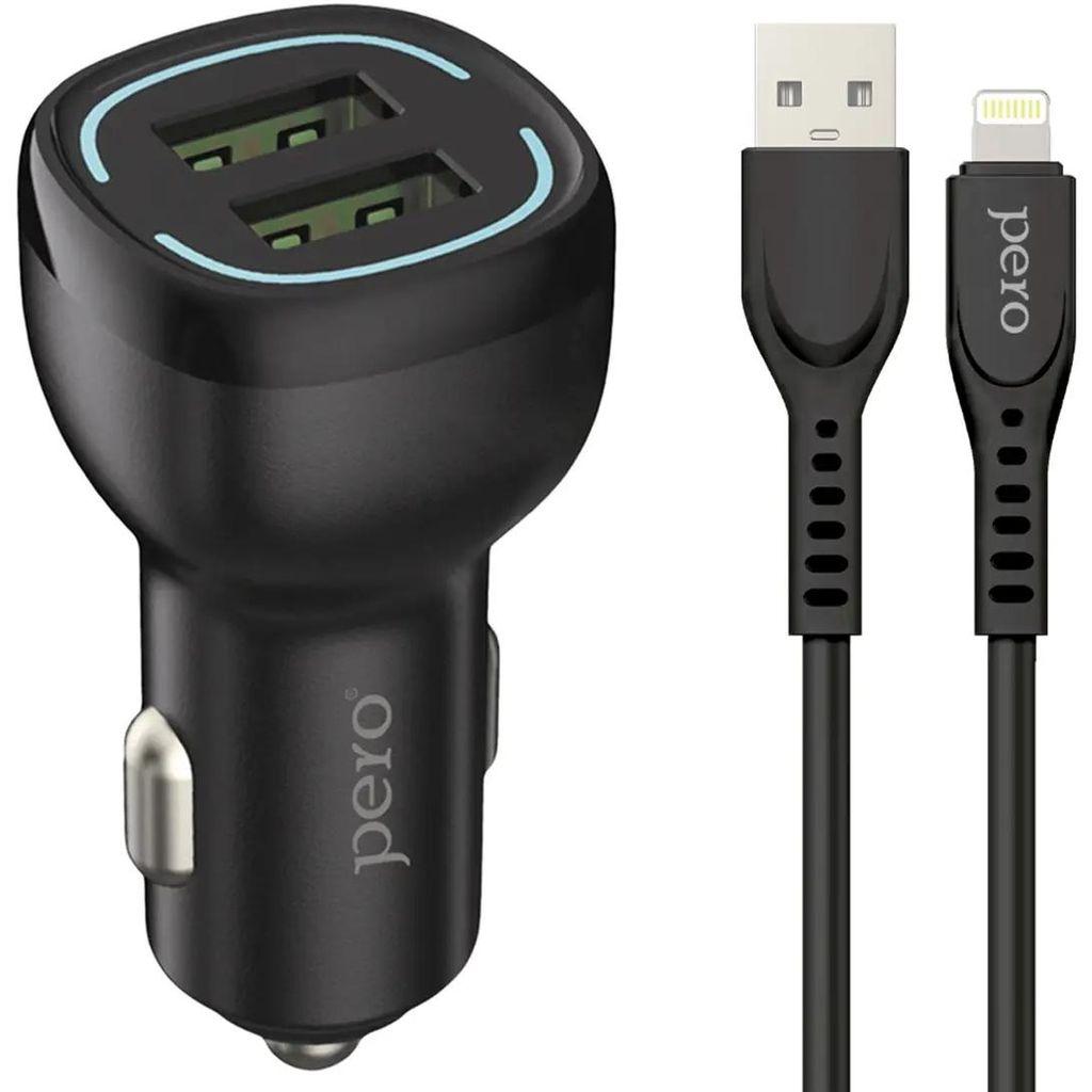 Автомобильное зарядное устройство Pero AC04, 2xUSB-A, 8-pin Lightning, 12Вт, 2.4A, черный [aс04lcb]