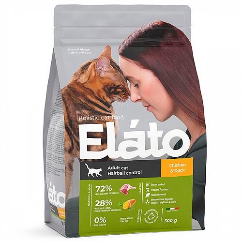 Корм для взрослых кошек Elato Holistic для выведения шерсти с курицей и уткой 300 гр., пакет