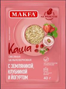 Каша Makfa, овсяная цельнозерновая с земляникой, клубникой и йогуртом, 40 гр., пакет