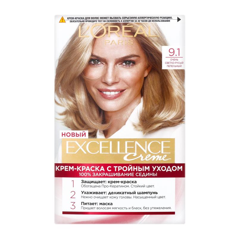 Крем краска для волос L'Oreal Paris Excellence стойкая тон 9.1 светло русый пепельный 192 мл., картон
