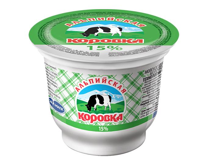 Продукт сметанный Альпийская Коровка 15% 200 гр., ПЭТ