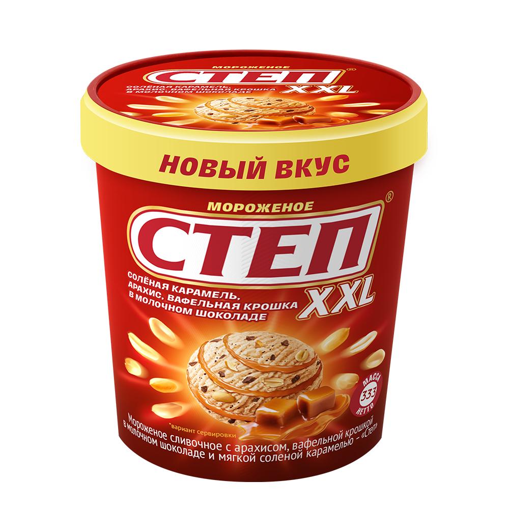 Мороженое пломбир Степ сливочное с арахисом вафельной крошкой в молочном шоколаде и мягкой соленой карамелью 333 гр., ПЭТ