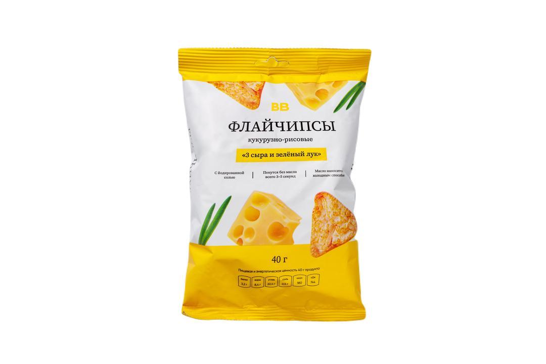 Флайчипсы Вкусвилл кукурузно-рисовые 3 сыра и зеленый лук, 40 гр., флоу-пак