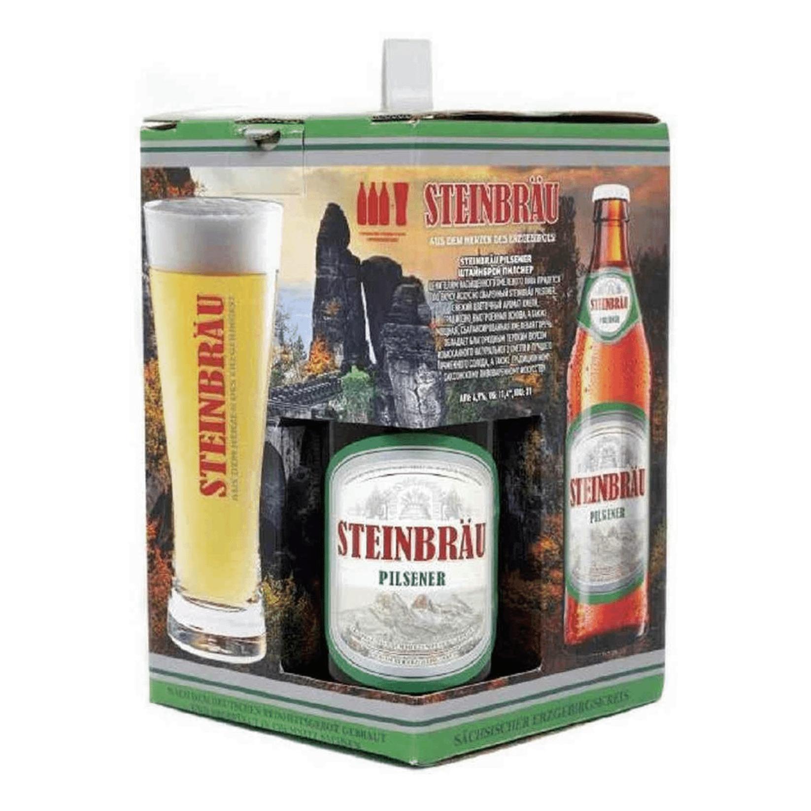 Набор подарочный Steinbrau Pilsener пиво светлое 4.9% и бокал 3х500 мл., картон