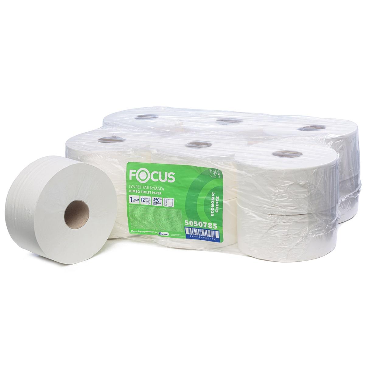 Бумага туалетная Focus Eco Jumbo для диспенсеров 450 м 1-слойная 12 рул/упак Россия 5050785 белая., флоу-пак