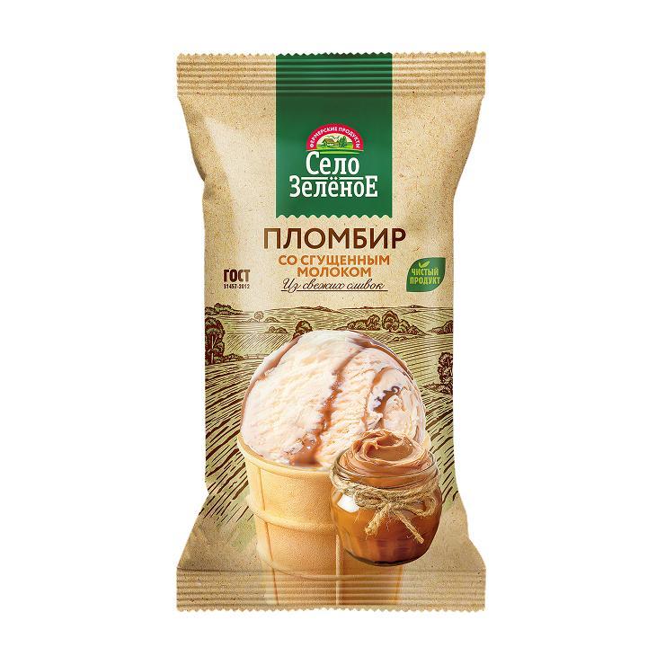 Мороженое пломбир Село Зелёное с вареной сгущенкой стаканчик 70 гр., флоу-пак