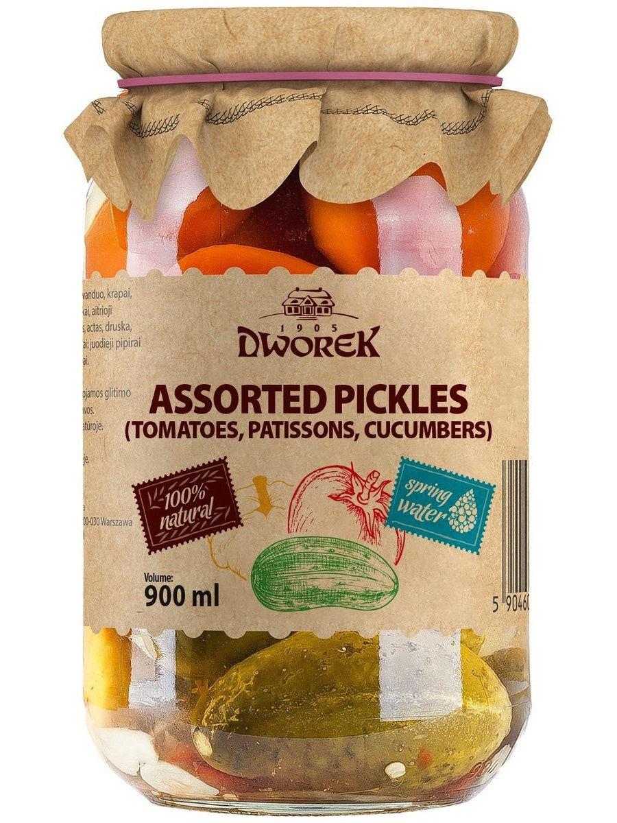 Ассорти Dworek мариннное из томатов патиссонов и огурцов, 850 гр., стекло