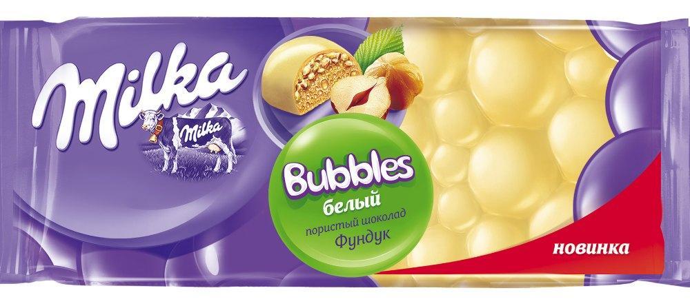 Шоколад Milka Bubbles белый пористый с фундуком 83 гр., флоу-пак