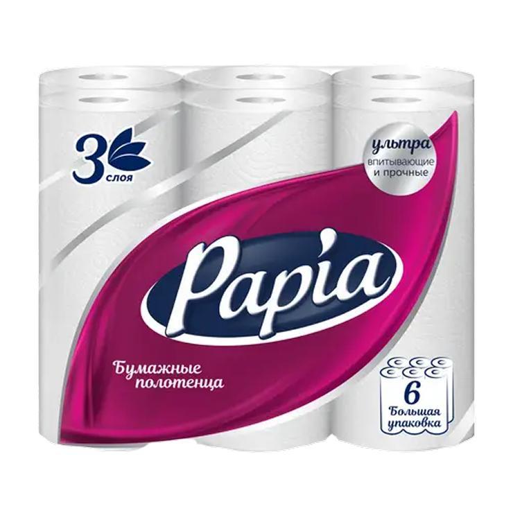 Полотенца бумажные Papia 3 слоя 6 шт., флоу-пак