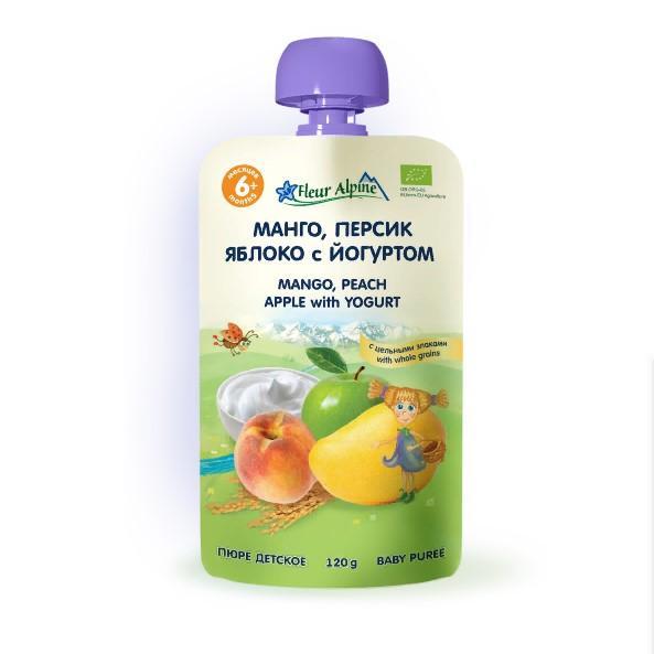 Пюре Fleur Alpine манго персик яблоко с йогуртом с 6 месяцев, 120 гр., дой-пак