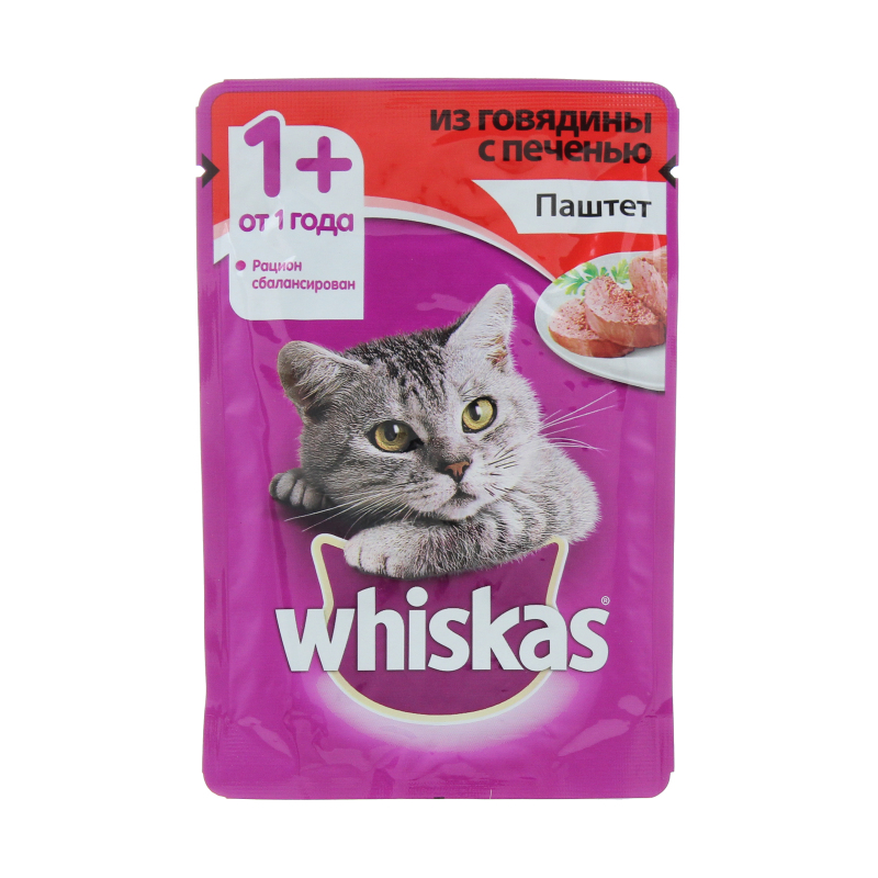 Влажный корм для взрослых кошек Whiskas паштет из говядины с печенью 85 гр., пауч