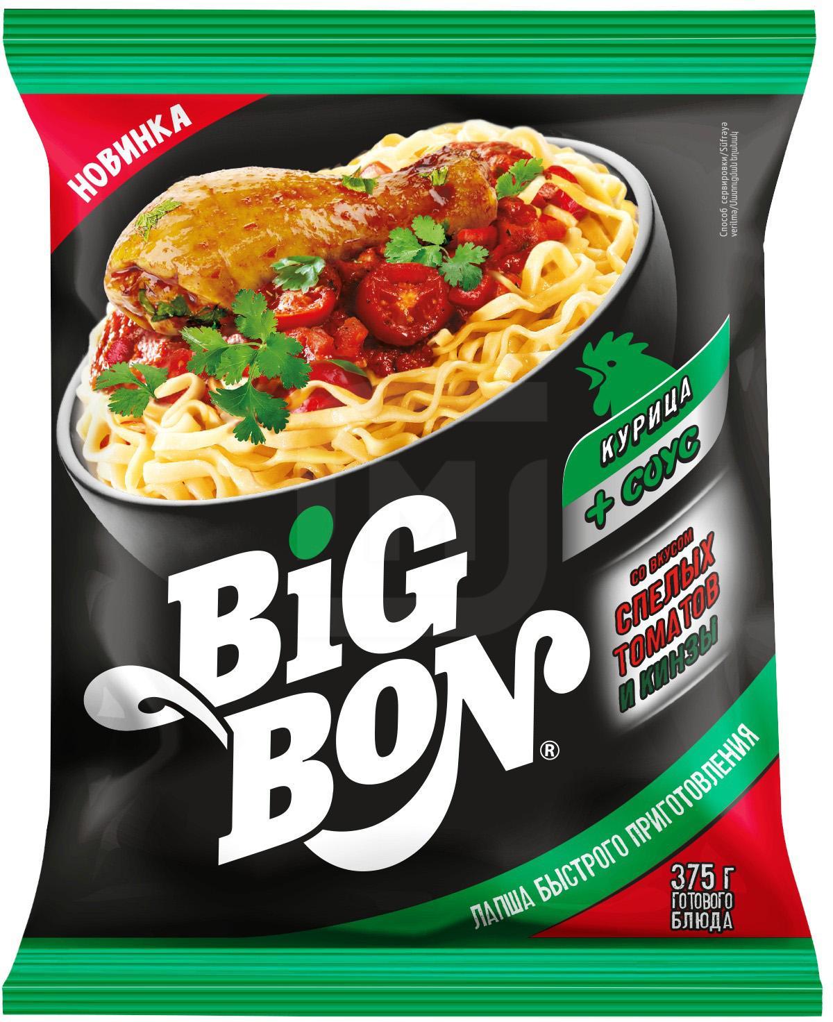 Лапша Big Bon со вкусом спелых томатов и кинзы с курицей и соусом 75 гр., флоу-пак