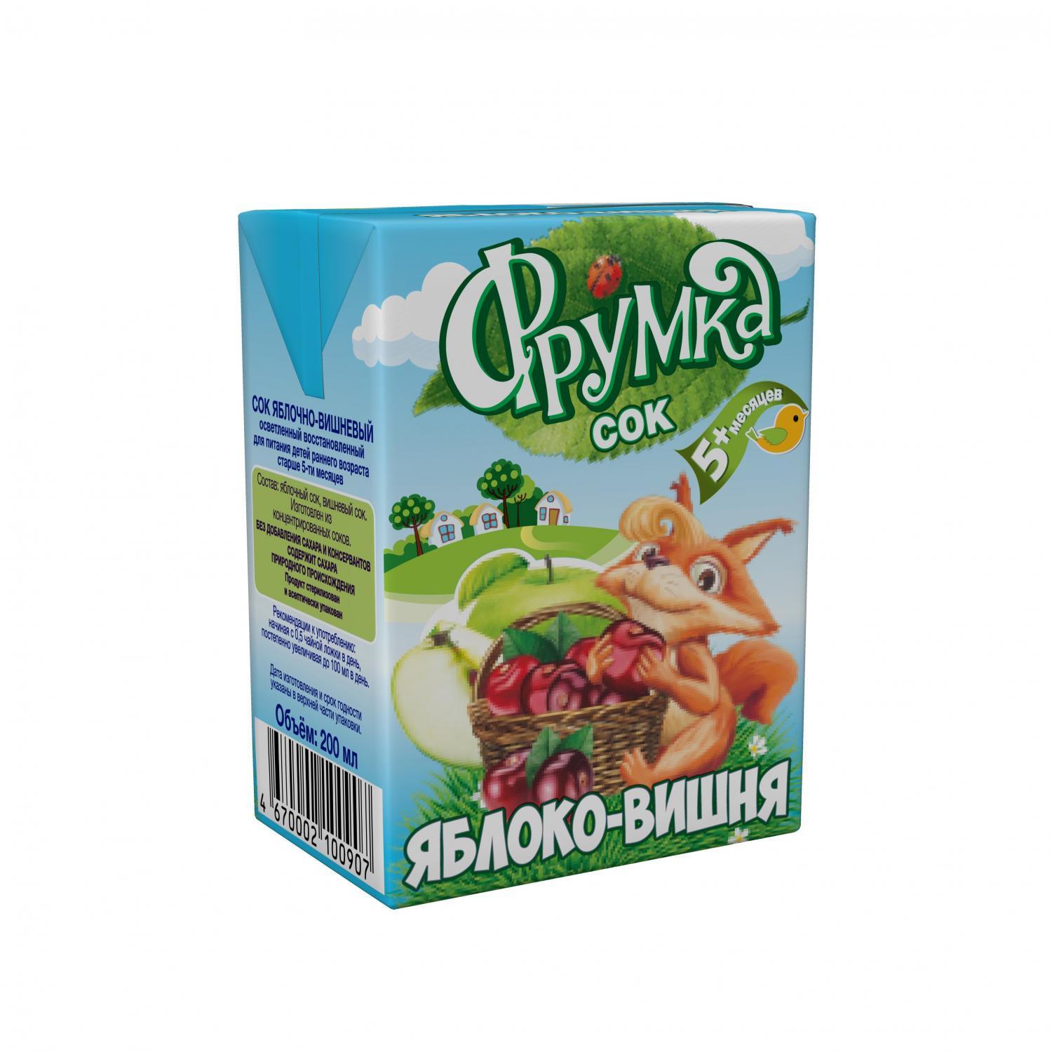 Сок Фрумка яблочно-вишневый осветленный для питания детей раннего возраста,200 мл., тетра-пак