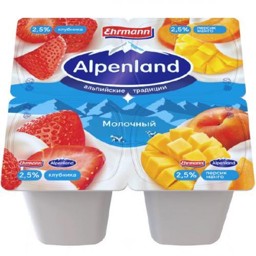 Йогуртный продукт клубника, персик, манго, 2,5%, 4шт., Alpenland, 380 гр, ПЭТ